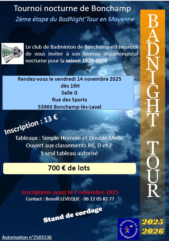 BadNight'Tour 2025-2026 - Etape n°2 : BONCHAMP